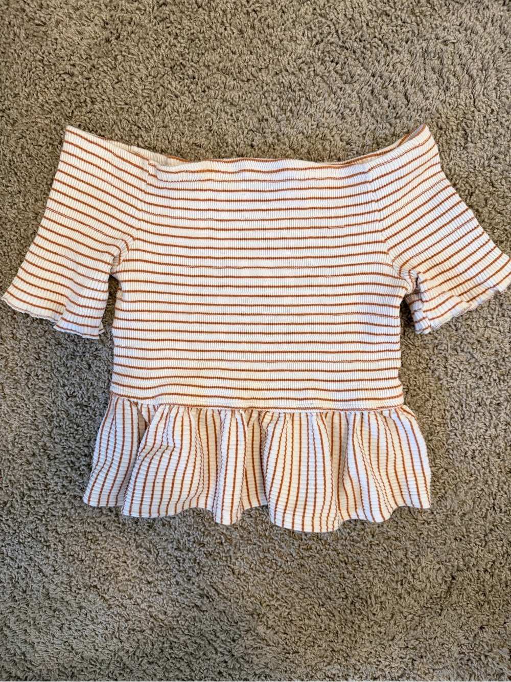 Who What Wear Off-Shoulder Striped Peplum Top - Cream & Brown